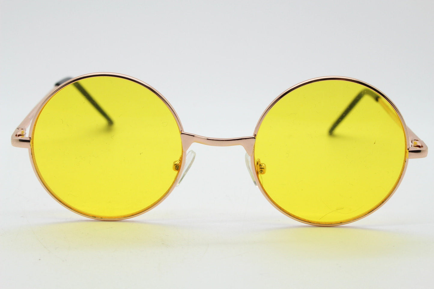 90s round vintage sunglasses. Rose gold metal frame with bright yellow lenses. 1920's style. John Lennon. Steampunk. NOS