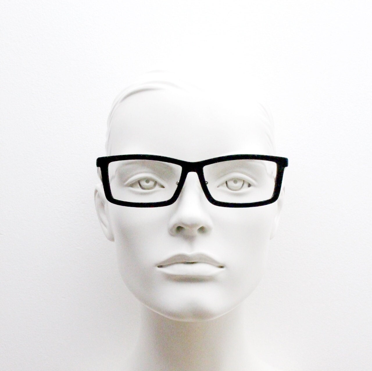 Y2K vintage black velvet glasses with tortoise arms. Stylised rectangular clear lens eyeglasses. NOS optical frames. RX spectacles