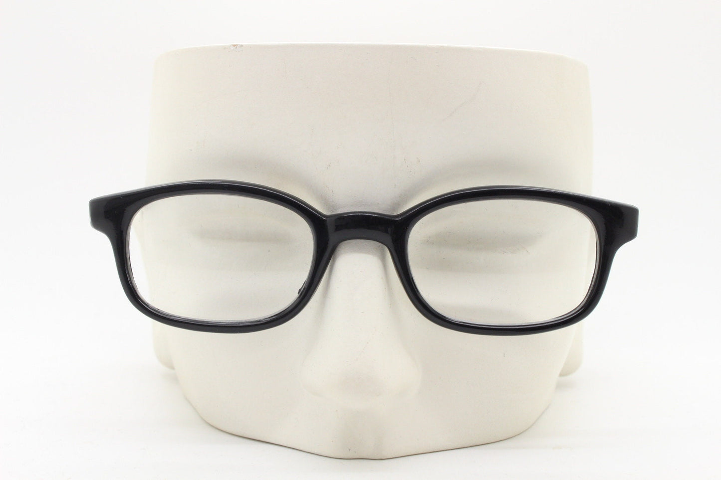 80s vintage low profile wayfarer style glasses. Black acetate optical frames with clear lenses. Prescription eyeglasses. RX Spectacles. NOS