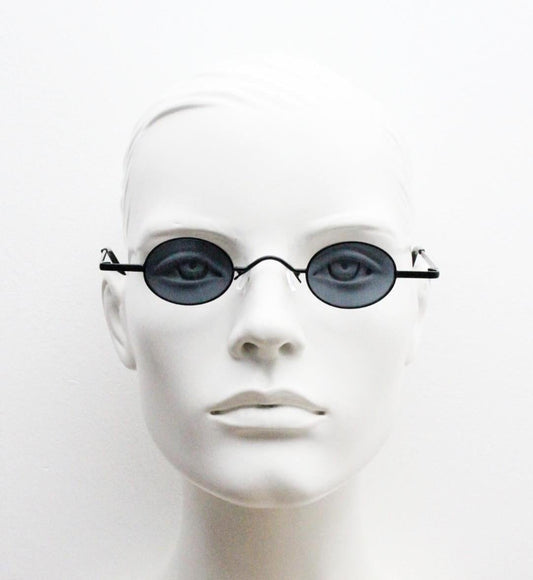 90s vintage small oval sunglasses. Imposing minimal black gloss metal victorian style frame. Steampunk. Unused BNWT