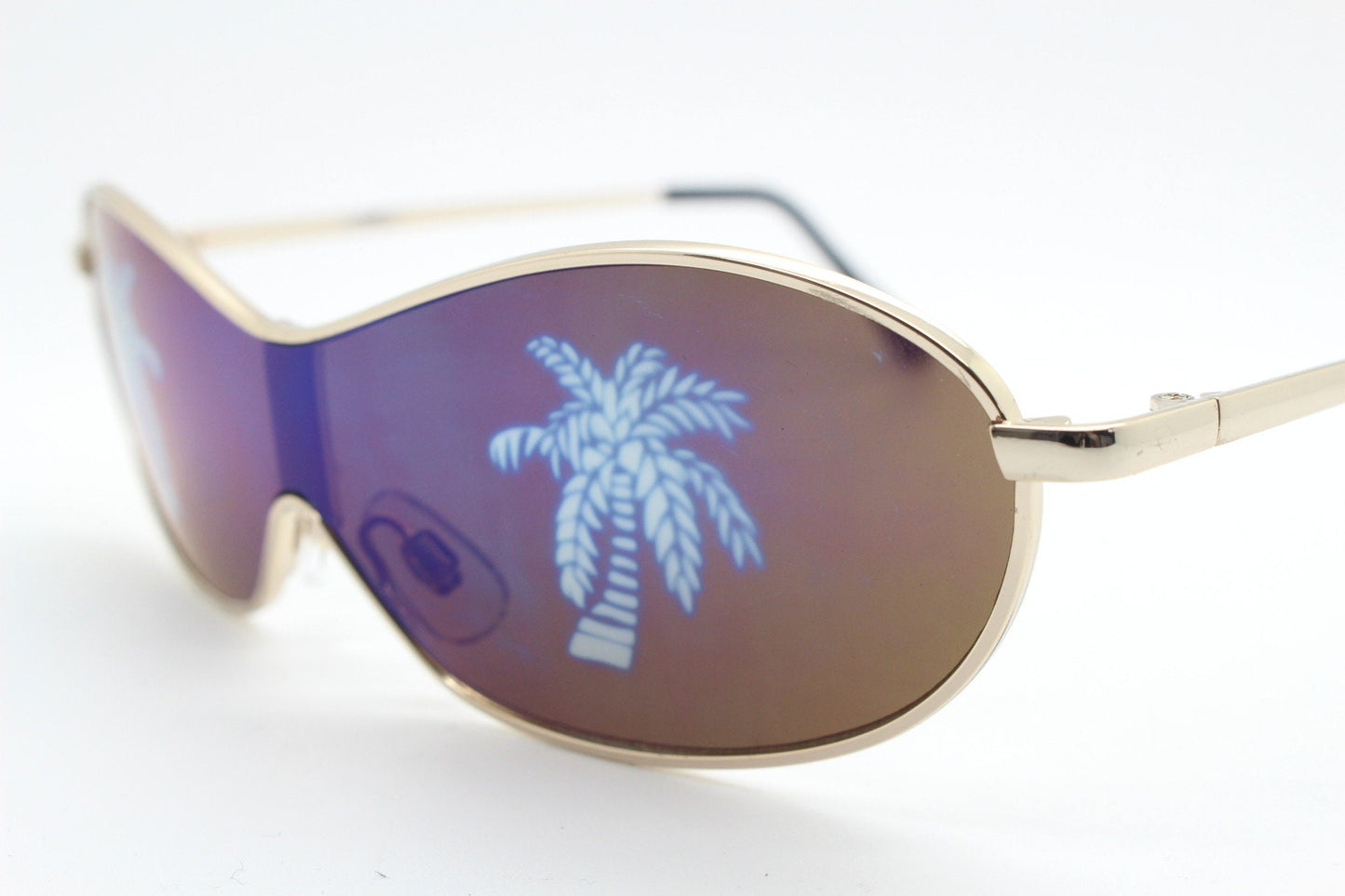 Party monster Y2K vintage visor sunglasses. Wraparound mono lens mini mask shield design with mind melting palm tree print. Unused NOS