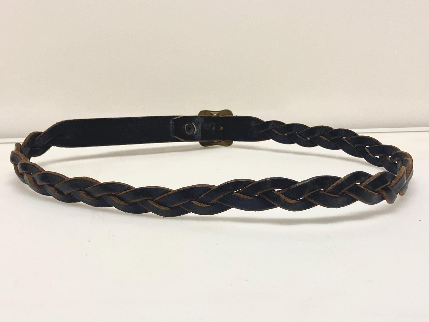 80s vintage thick black genuine leather plaited western 1" belt with changeable brass buckle. For jeans and trousers. Rawhide