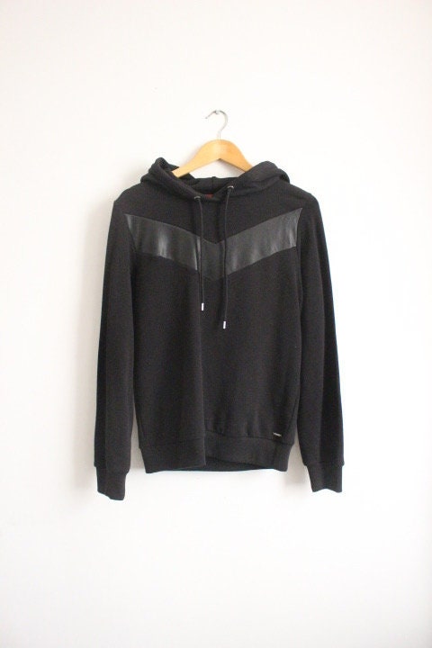 Diesel Timeless fitted pullover hoody sweatshirt. Womens all black hooded jumper with real leather V panel. BNWOT production sample Size S