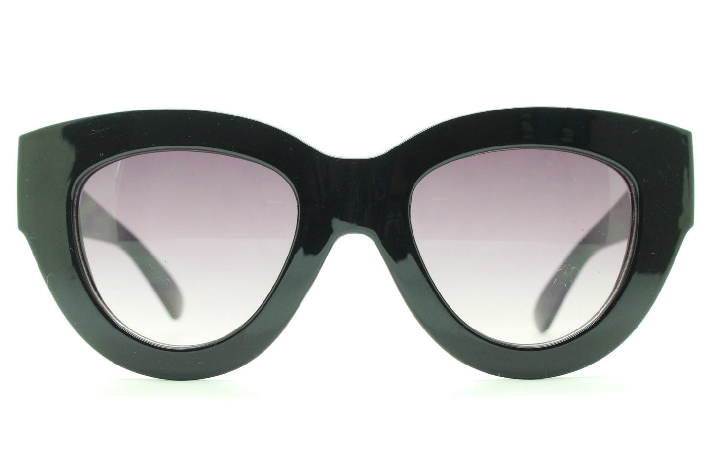 Y2K vintage thick oversized cateye sunglasses. Womens black gloss big arm cat eye frame with gradient lenses. 2000s NOS