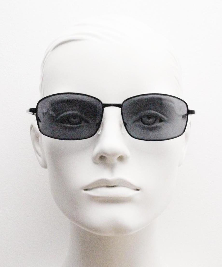90s vintage wide rectangular sunglasses. Solid metal plain black gloss finish frame with curved lenses. 2000's. Y2K. NOS
