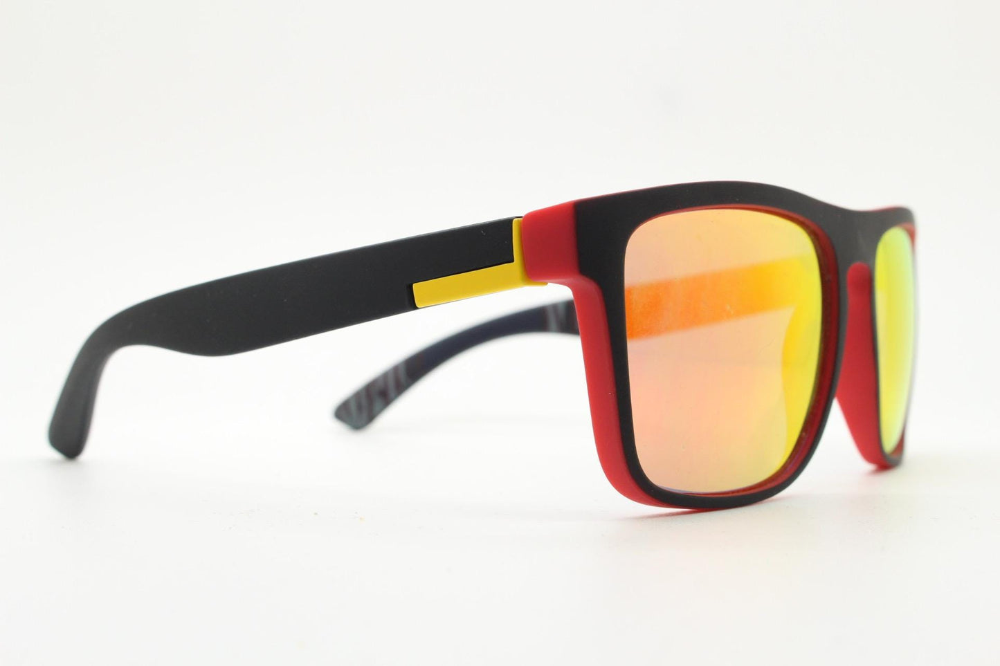 Y2K vintage rectangular sunglasses. Black and orange rubber finish frame with intense gold mirror lenses. Modified wayfarer. 2000's NOS