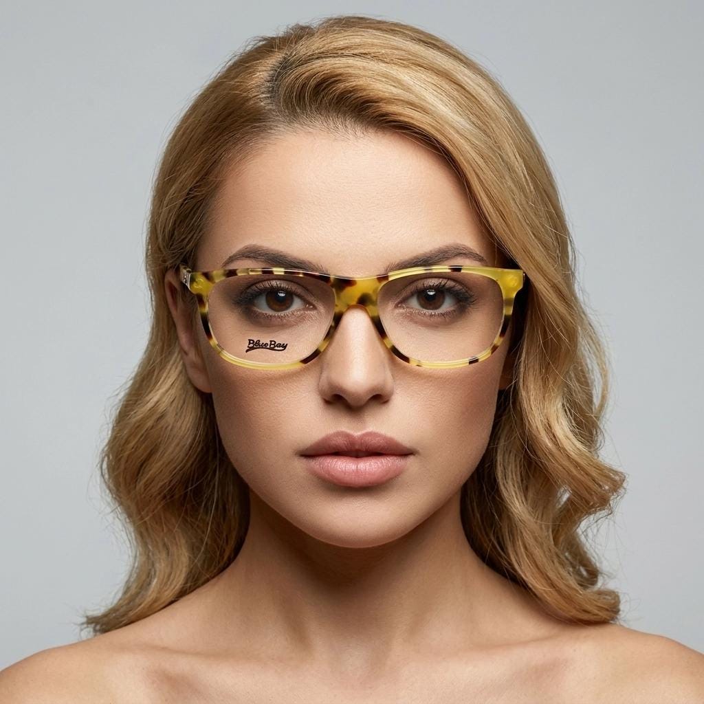 Blue Bay 90s vintage wayfarer design eye glasses made in Italy. Classic rectangular optical frame in honey tortoise. Prescription RX. NOS