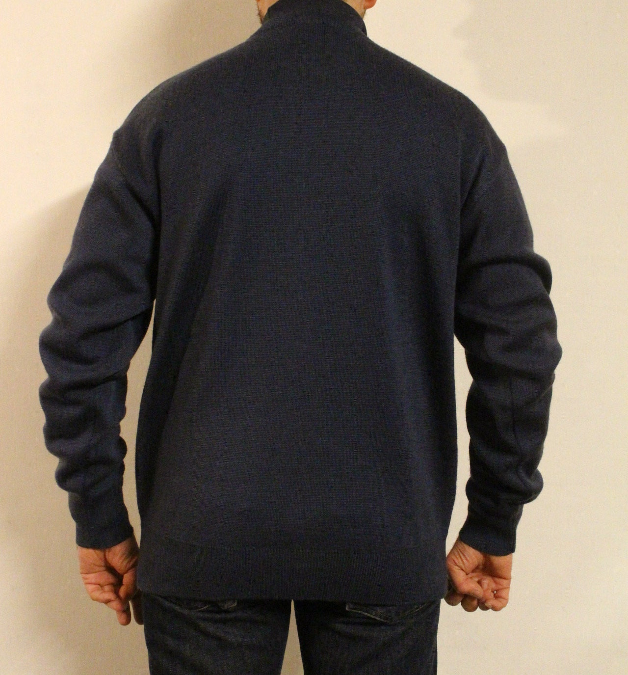 Gabicci vintage knit jumper with block pattern. Blue crew neck sweater. BNWT size L. 80s. One off sample pullover. Clearance - RRP 80 GBP