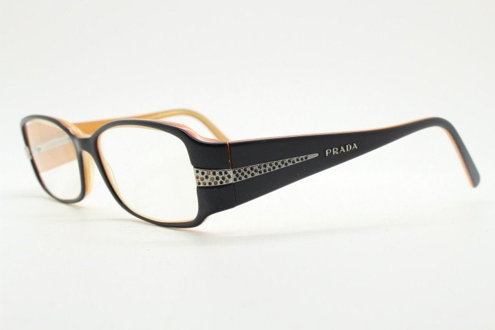 Prada Y2K vintage glasses model 4548437 made in Italy. Black acetate optical frames with diamante. Prescription eyeglasses. 2000s spectacles