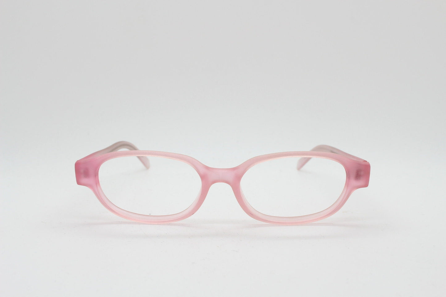 90s vintage rectangular low profile glasses. Transparent pink frosted finish optical frames. Prescription eyeglasses. RX Spectacles