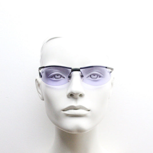 Y2K vintage sport shield sunglasses. 2000's half frame wraparound aerodynamic mini mask visor with purple bug eye lenses. 90s 00s unused NOS
