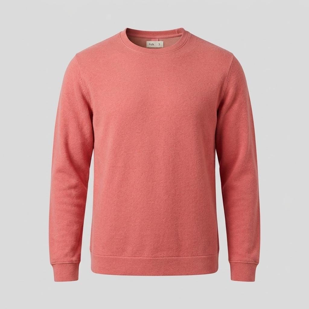 Folk mens classic square bottom sweatshirt. Minimal pink plain crew neck pullover. Round neck jumper. Vintage. Clearance - rrp 120 sterling