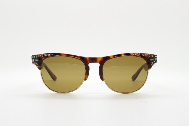 80s vintage browline diamante sunglasses. All time classic design in tortoise gloss with gold half rim and rhinestones. 50s rockabilly