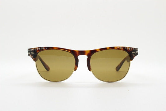 80s vintage browline diamante sunglasses. All time classic design in tortoise gloss with gold half rim and rhinestones. 50s rockabilly