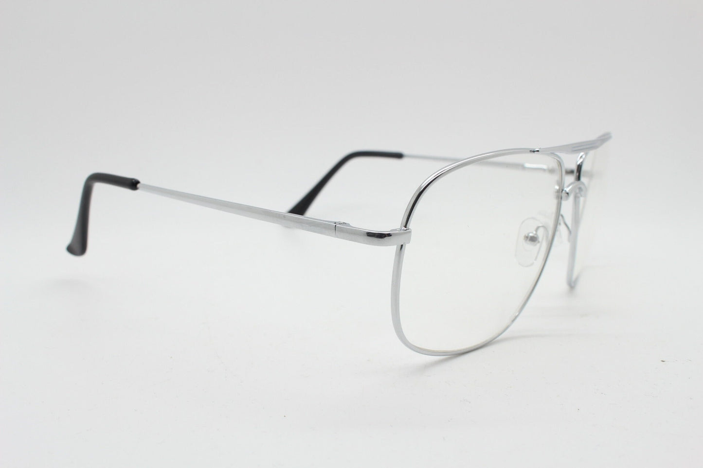 Y2K vintage square aviator glasses. Mens 70s style silver chrome frame with clear lenses. Unused NOS aviators