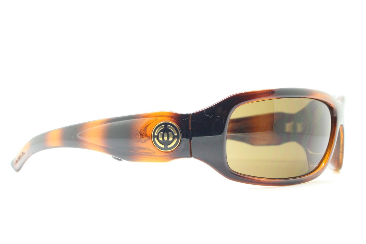 Y2K vintage curved wraparound sunglasses by Animal. Aerodynamic mottled brown gloss curved frame. Shield bug eye design. Biker shades. NOS