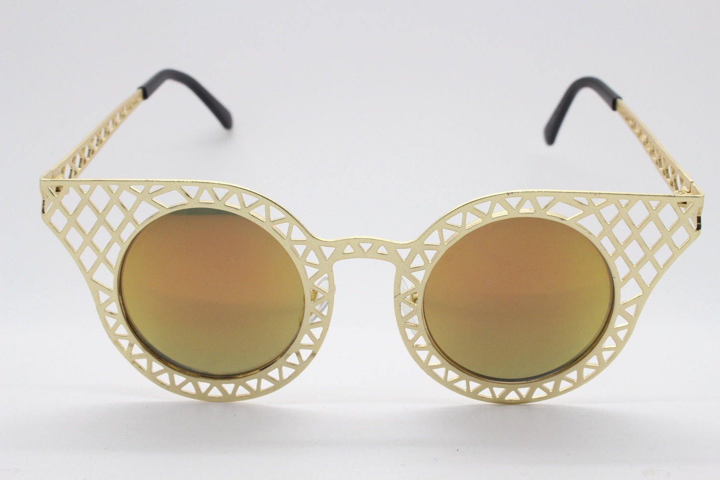 Y2K vintage metal cat eye sunglasses. Women's gold cut out lattice scaffold cateye frame with goldburst mirror lenses. 2000s. BNWT