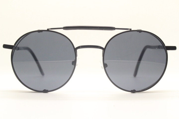 90s vintage round goggle sunglasses. All metal plain black frame with folding perforated side blinkers. Spoilers. Steampunk. Cosplay. NOS