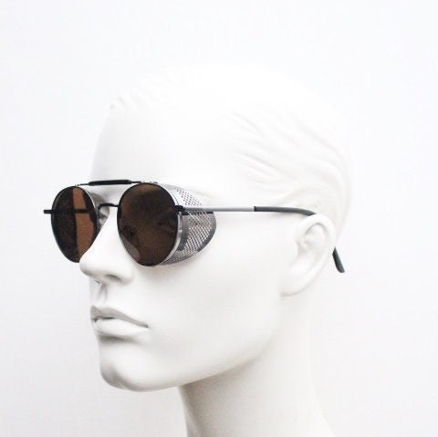 90s vintage round goggle sunglasses. All metal grey chrome frame with folding blinkers and brown lenses. Spoilers. Steampunk. NOS