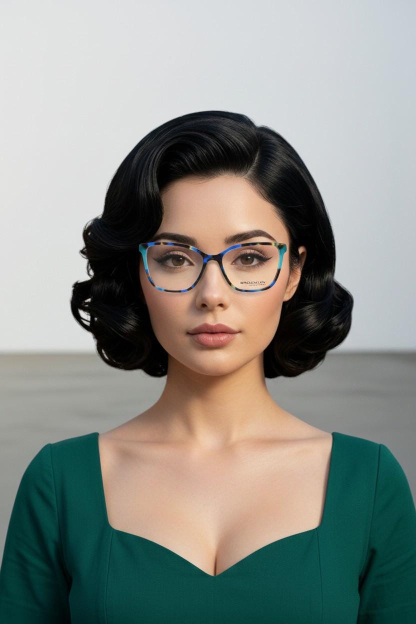 Modified cat eye glasses by Brooklyn. Vibrant blue and brown tones gloss optical frames.  Prescription eyeglasses. RX cateye spectacles