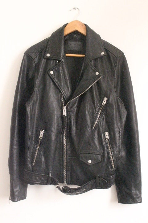 Allsaints black motorcycle jacket with. Genuine lambs leather hip length biker with fixed adjustable belt. BNWOT. Over 30% sale rrp 469 GBP