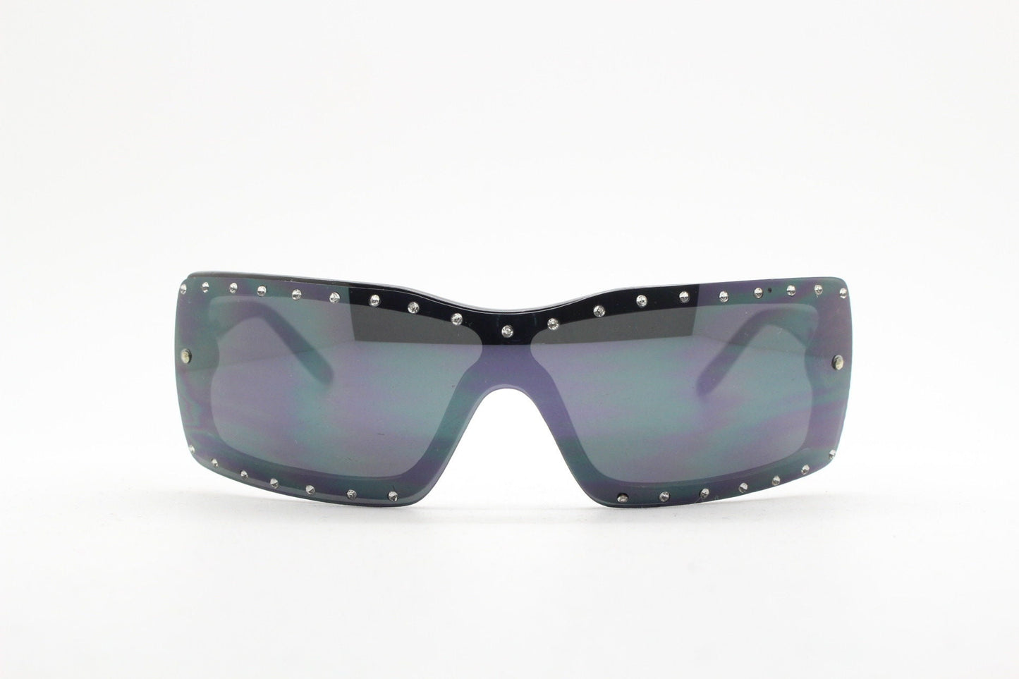 Y2K vintage shield sunglasses with diamante. Black wrap around mini mask style with curved mono lens. 2000s unused NOS. Visor