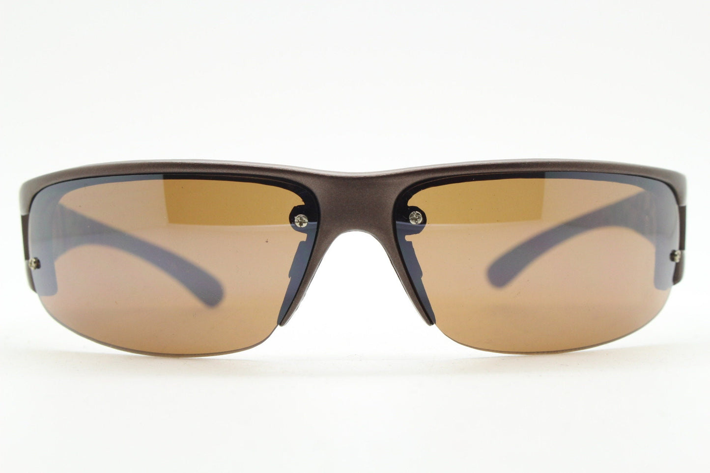 90s vintage visor sunglasses. Brown matt half frame wrap around sports shield with light tone lenses. Mini mask. 2000's. Y2K NOS