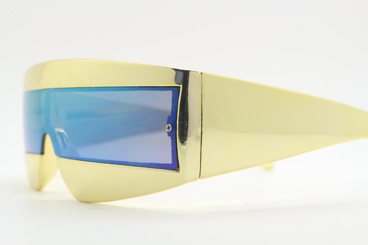 Y2K vintage square visor sunglasses. Gold 80s style robot shield design. Mirror mask mono lens with full height arms. 2000s NOS BNWT