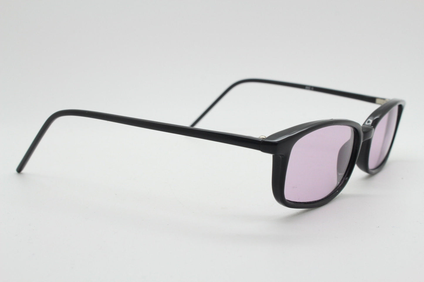 90s vintage rectangular sunglasses. Slim low profile black gloss frame with extra light tone lilac purple lenses. Y2K 2000s. BNWT Unused NOS