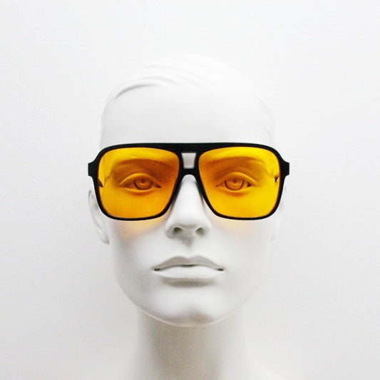 Y2K vintage square aviator sunglasses. Classic 70s design aviators in black gloss frame with blazing orange lenses. Unused NOS