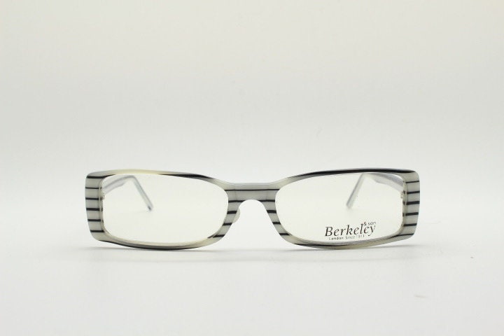 Berkeley & Son London rectangular90s vintage eye glasses. Black and white horizontal striped acetate optical frame. Prescription RX
