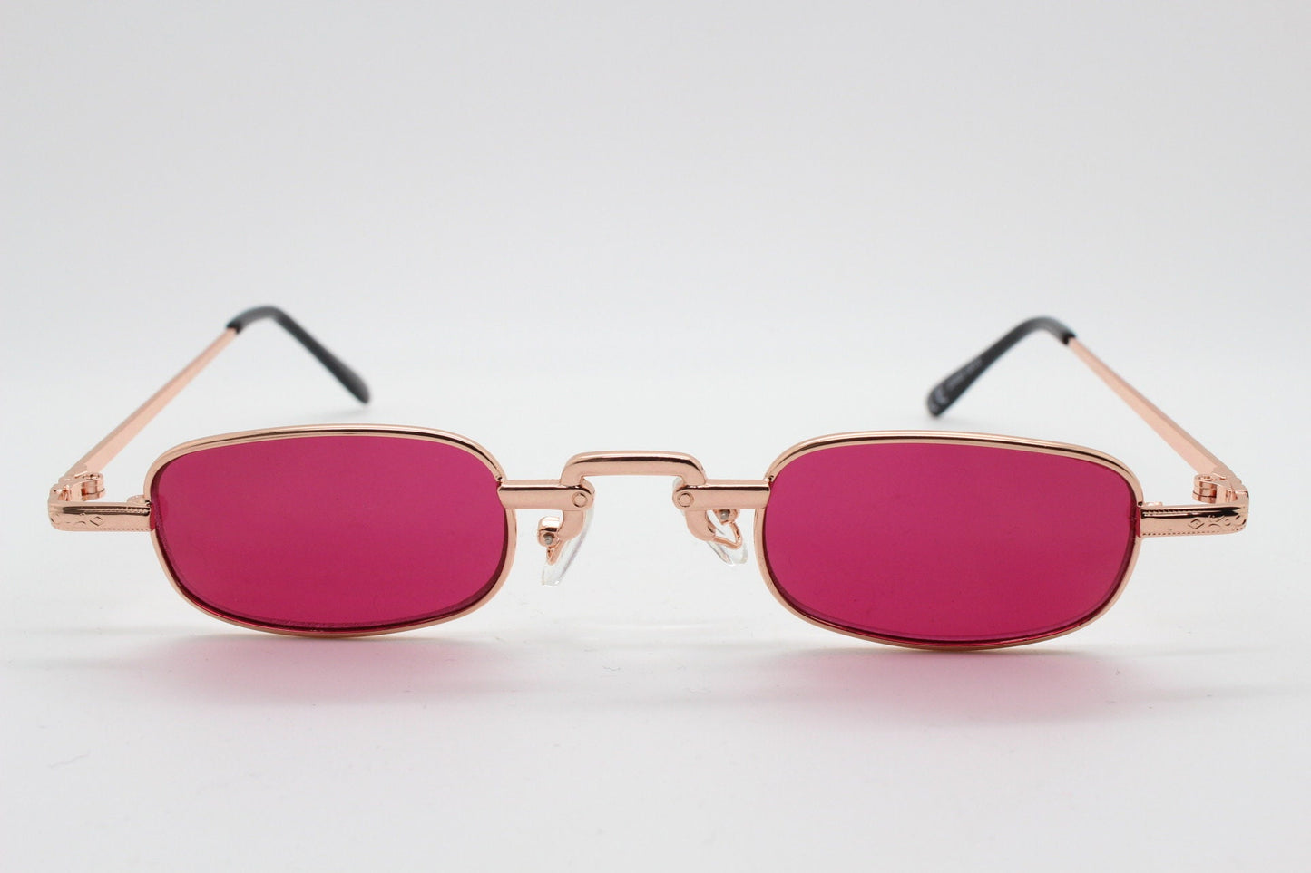 90s vintage small rectangular sunglasses. Imposing minimal gold metal victorian design frame with shocking pink lenses. Unused BNWT