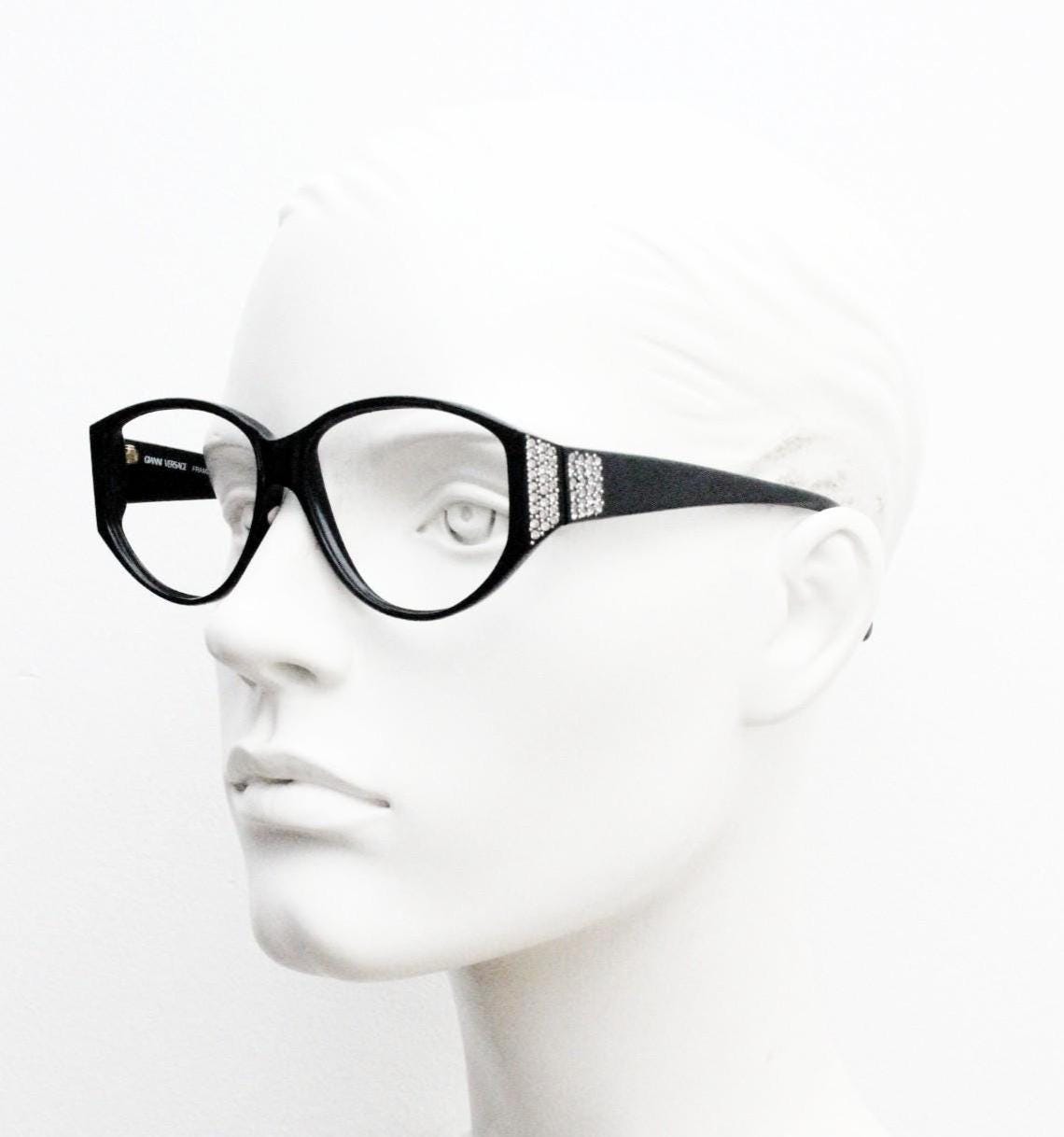 Versace modified cropped cat eye glasses made in Italy. Black gloss acetate optical frames with dramatic diamante. Prescription. Vintage NOS