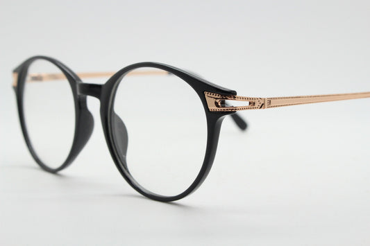 90s vintage round glasses with embossed gold  arms. Black 40s, 50s style prescription optical frames. Clear lens eyeglasses. RX spectacles