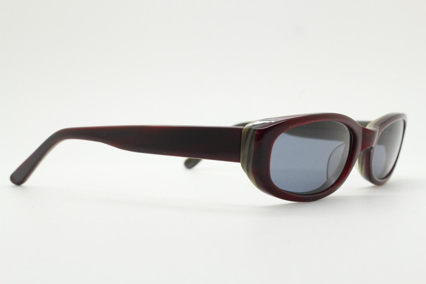 90s vintage rectangular sunglasses. Minimal low profile dark brown layered acetate frame with grey lenses. BNWT Unused NOS
