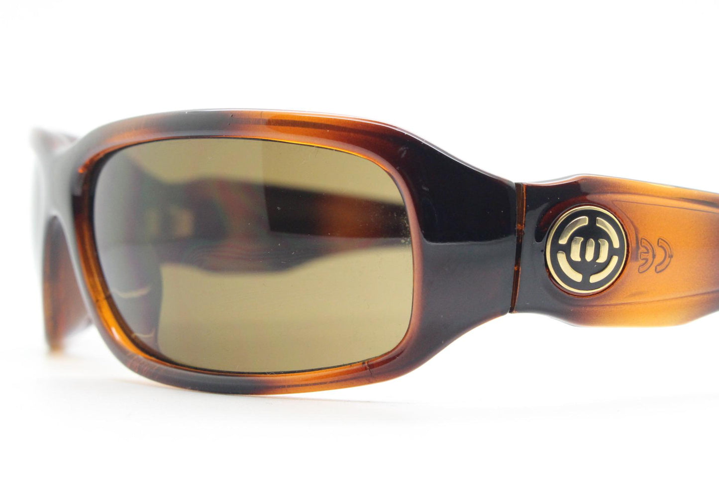 Y2K vintage curved wraparound sunglasses by Animal. Aerodynamic mottled brown gloss curved frame. Shield bug eye design. Biker shades. NOS