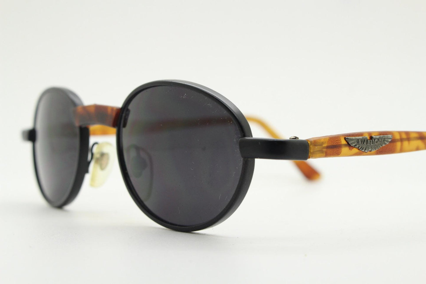 90s oval vintage metal sunglasses. Classic 1990s features of minimal satin finish solid frame with matt tortoise arms. Steampunk. Unused NOS