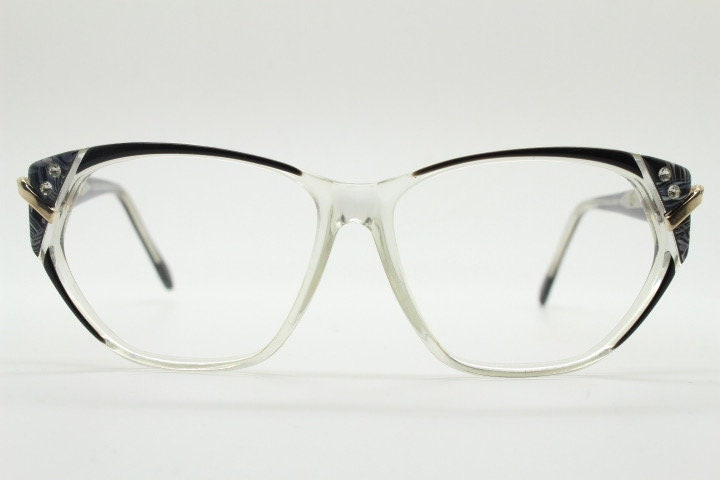 Jean Louis Scherrer 80s vintage cat eye glasses made in France. marbled grey / clear acetate optical frame. Diamante RX prescription cateye