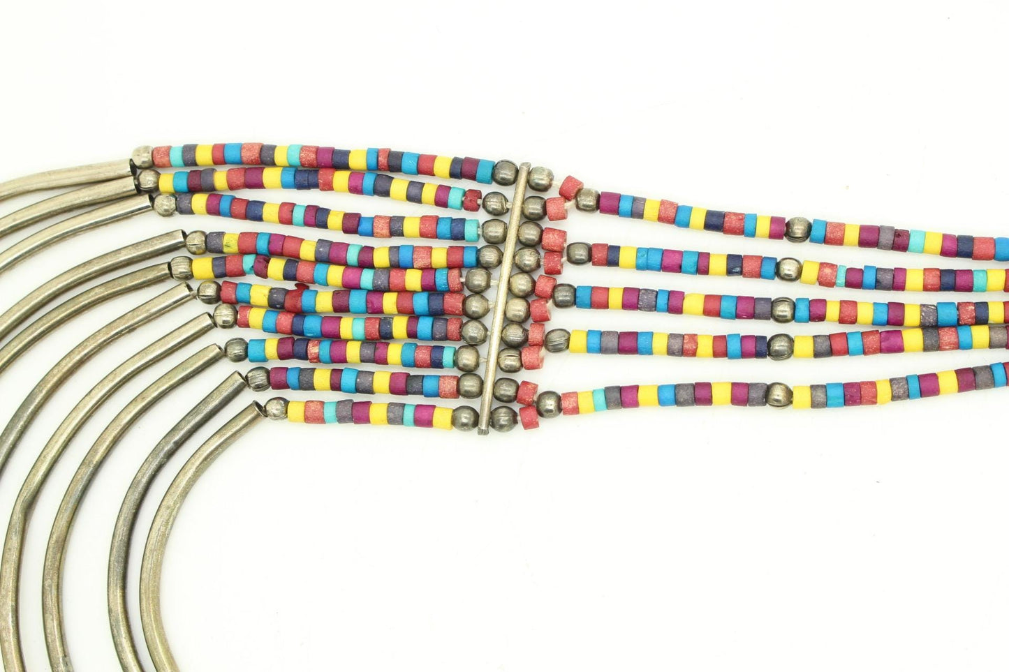 Y2K vintage massive statement Masai style beaded chain necklace. Multi coloured beads with concentric semi circle metal crescents. NOS