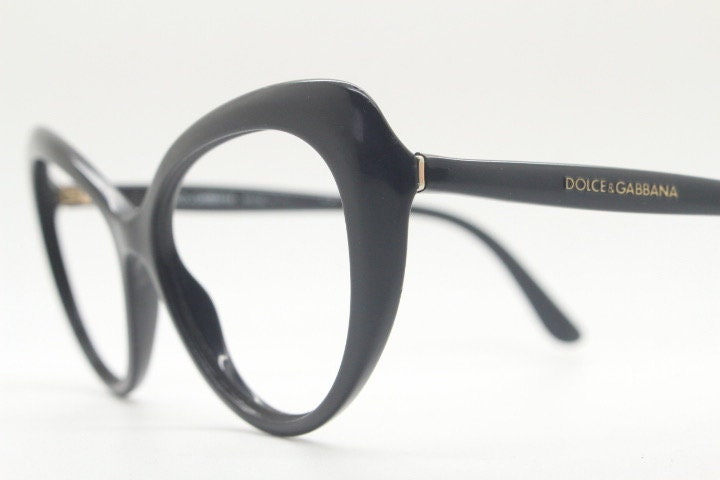 Dolce Gabbana oval cat eye glasses made in Italy. Stylised black gloss acetate optical frames. Womens prescription vintage cateye. RX pin up
