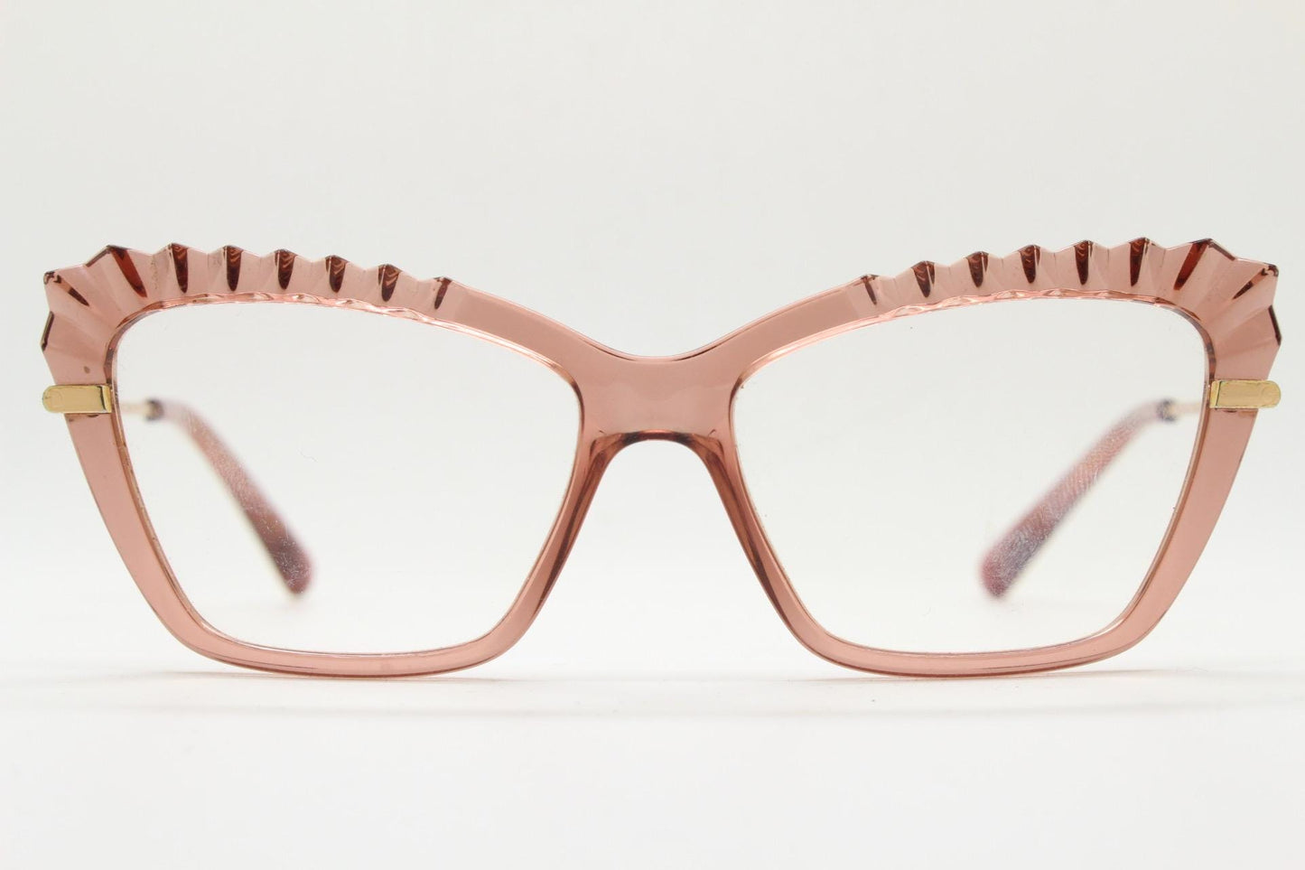 Incredible spiky pointed cat eye glasses. Transparent pink cateye optical frame with slender golden arms. Vintage Prescription RX Spectacles