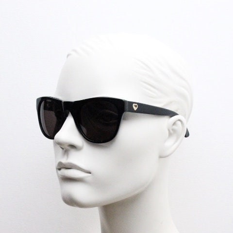 Linda Farrow Collaborations sunglasses with LUELLA. Limited production black acetate chunky wayfarer design with heart crests. NOS vintage