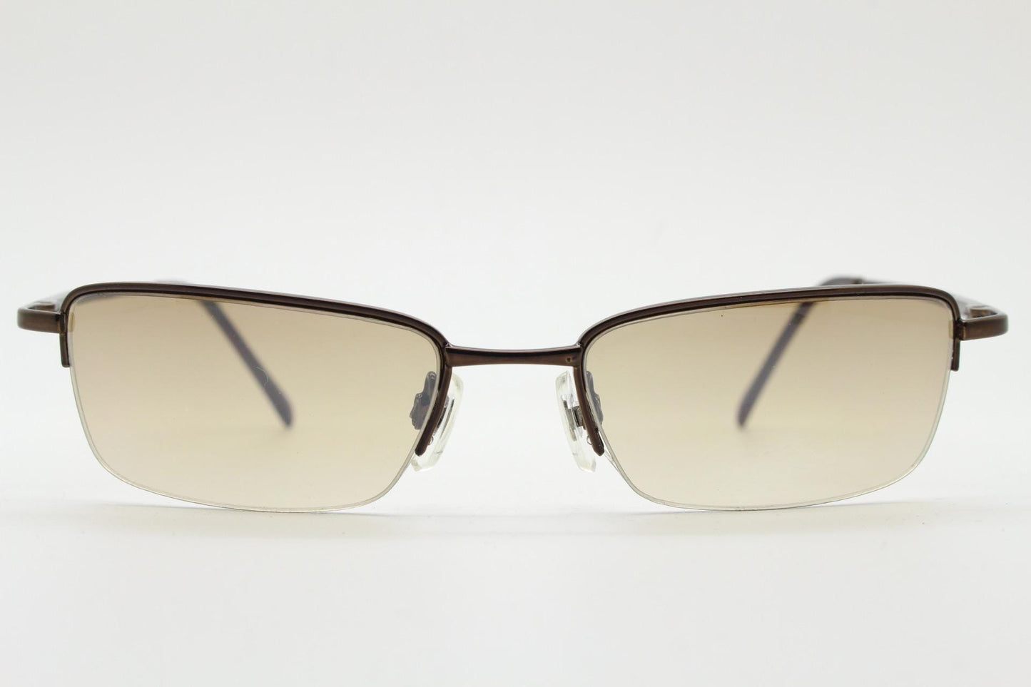 90s vintage small rectangular sunglasses. Minimal solid metal brown chrome half frame with light tone lenses. 2000's. Y2K. NOS. BNWT