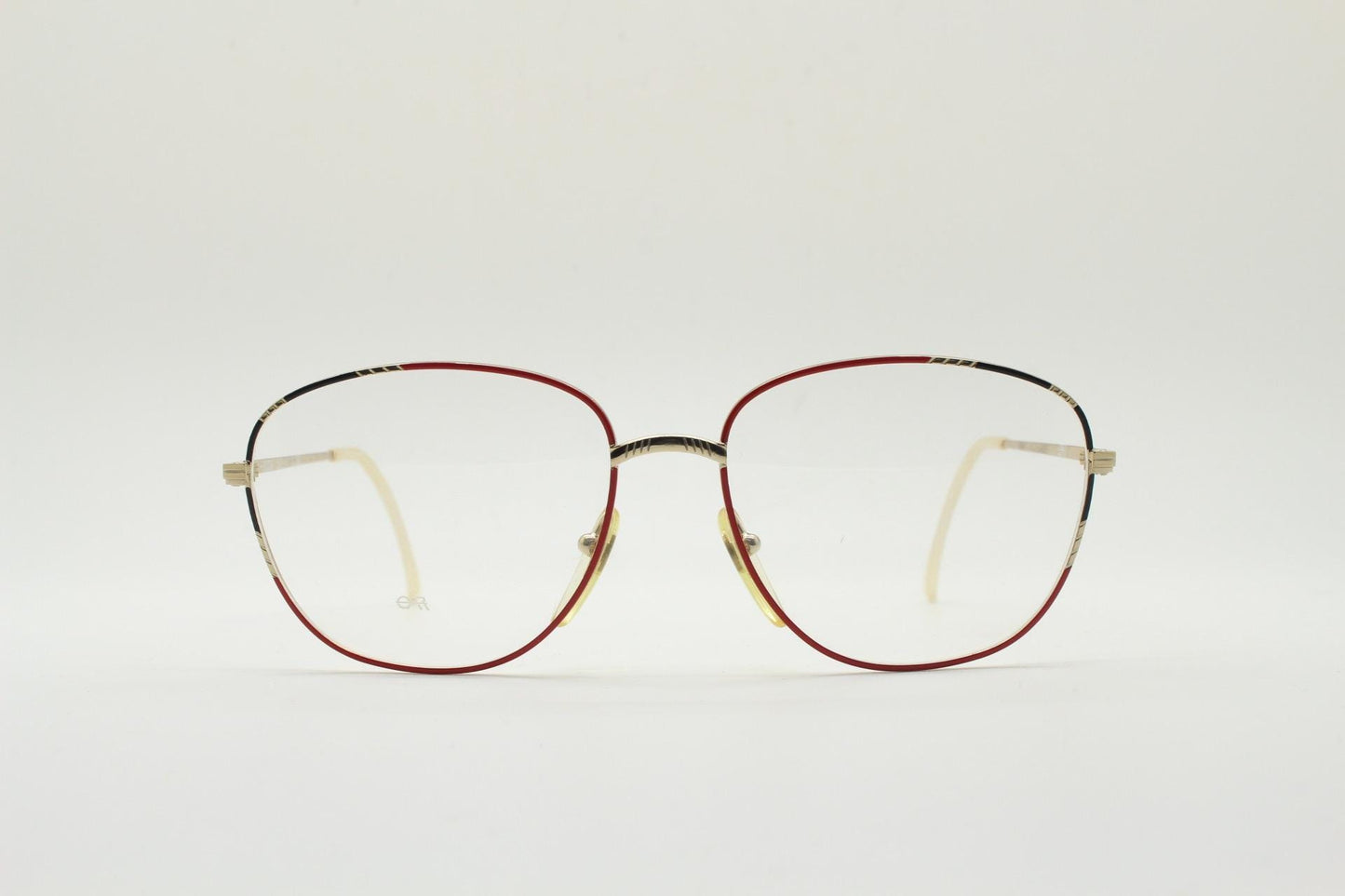 80s vintage slender gold metal frame eye glasses. Straightforward design with red and black highlights. Optical frame. Prescription. 90s NOS