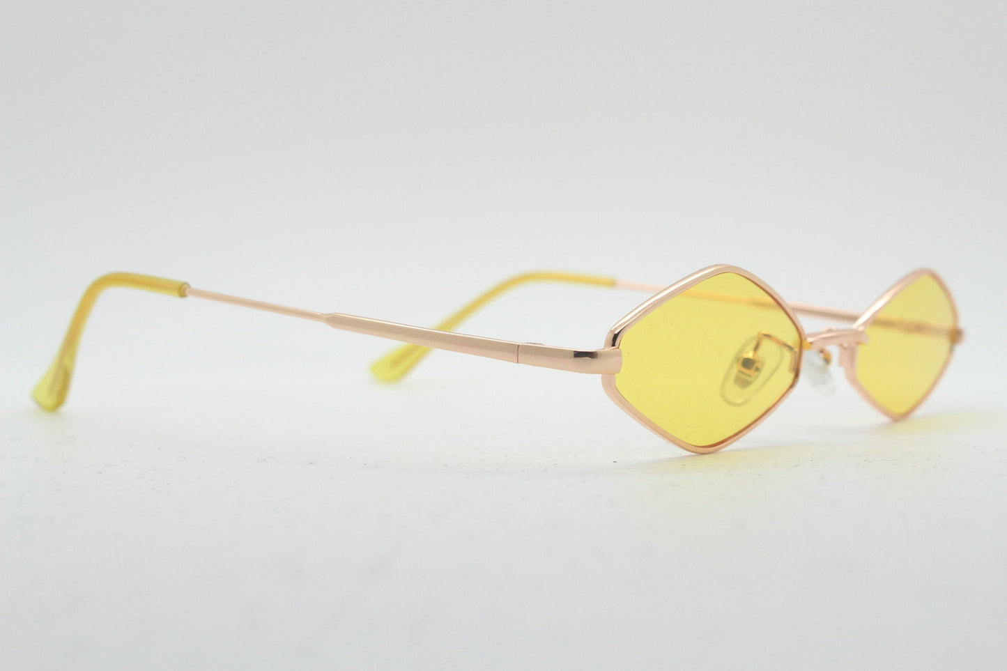 90s vintage small diamond sunglasses. Minimal gold psychedelic mod style frame with bright yellow lenses. Unused BNWT