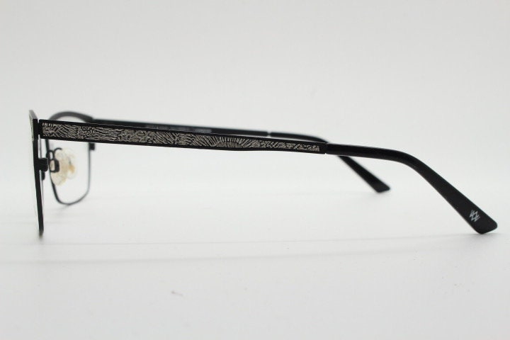 William Morris London rectangular eye glasses. Black matt flat metal optical frames with ornate silver pattern. Prescription RX eyeglasses.