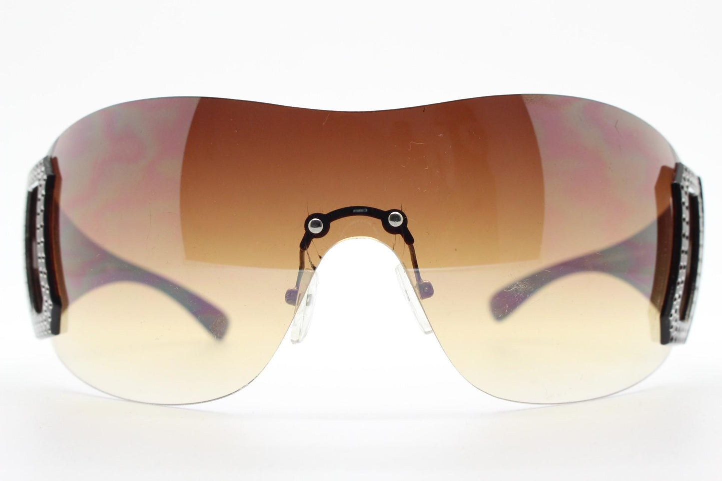 Y2K vintage visor sunglasses. 2000's brown wraparound mono lens shield design with big diamante effect crest. 00s uber fashion mini mask NOS