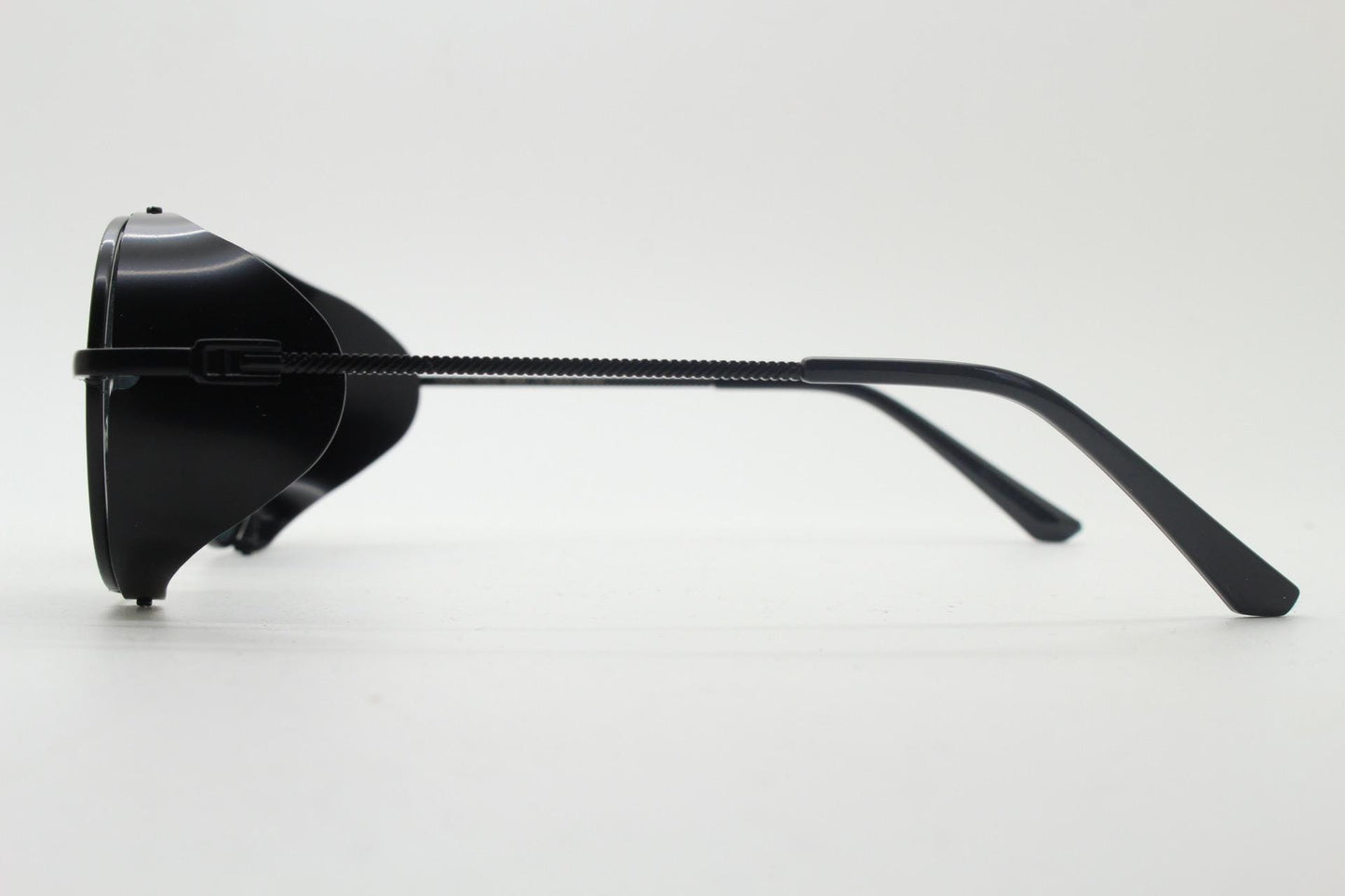 90s vintage round goggle sunglasses. All metal black satin frame with folding side blinkers. Spoilers. Steampunk. Cosplay. NOS