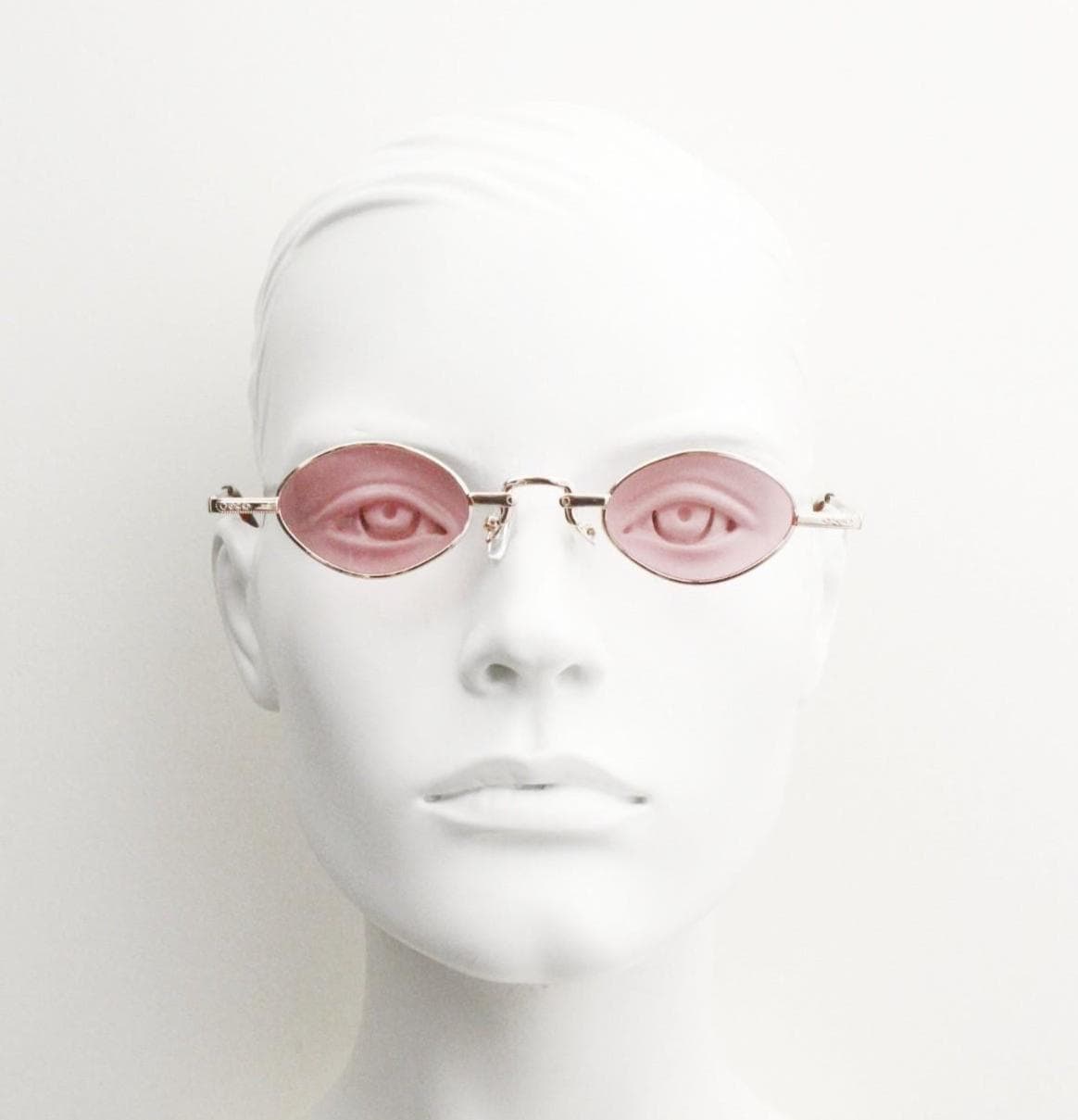 90s vintage small oval sunglasses. Imposing minimal rose gold metal victorian style frame with shocking pink lenses. Steampunk. BNWT