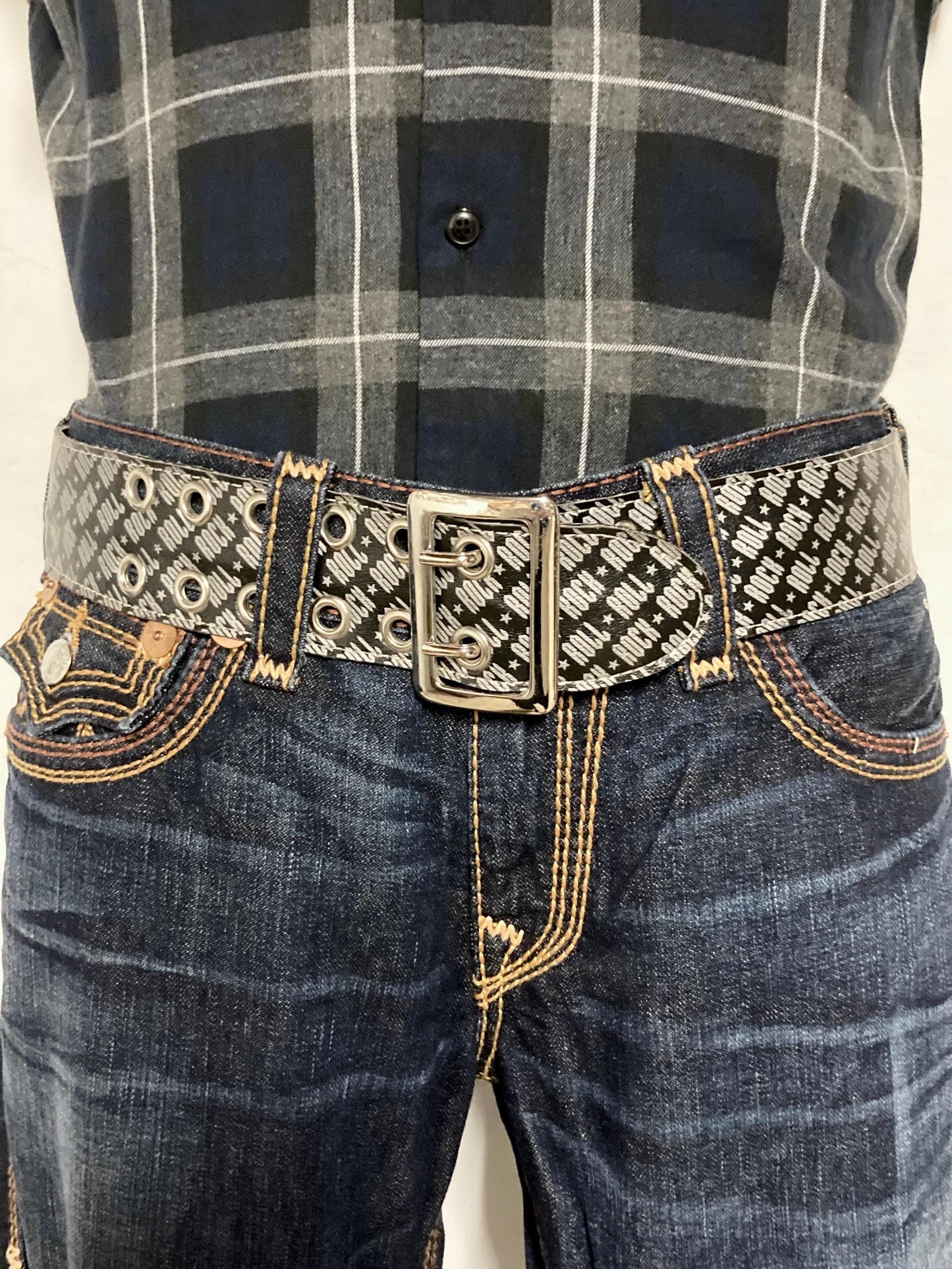 Paul Frank Y2K vintage mens big 'Rock n Roll' designer belt in black and silver. Made in the USA. 2000s NOS Mens large